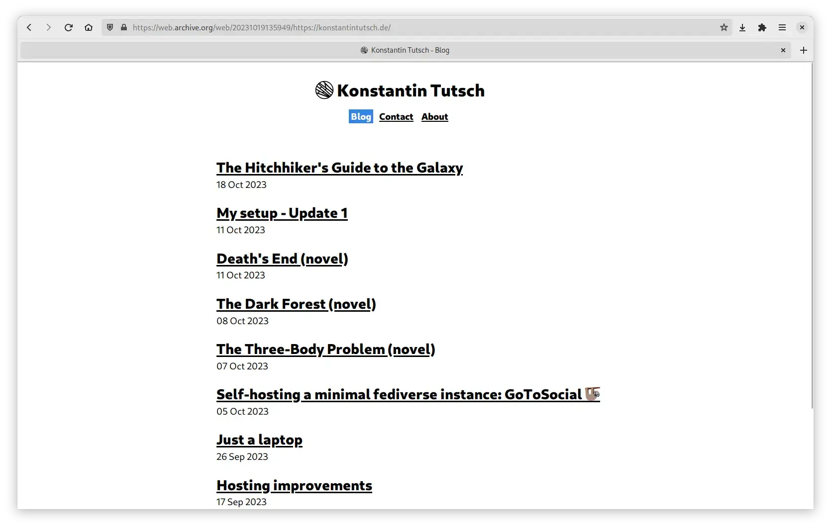 A browser window with this site open. Logo + title “Konstantin Tutsch”, below links to the Blog, Contact and About page.